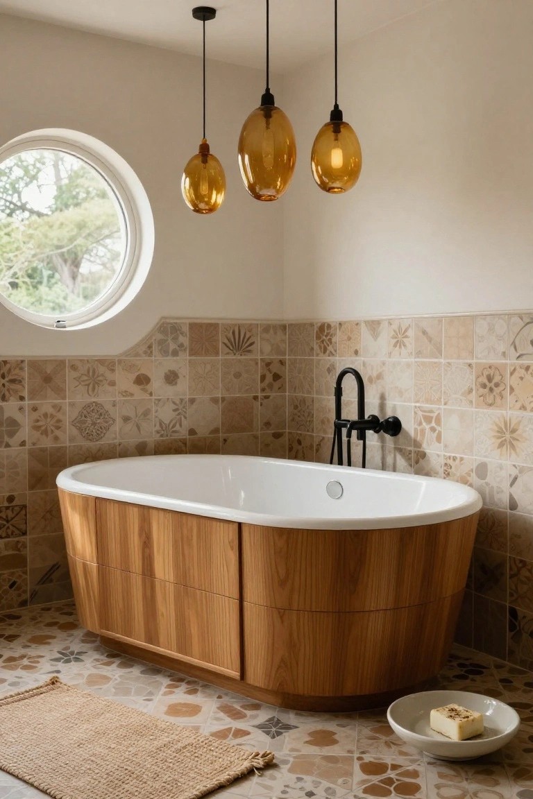 A freestanding white bathtub with wooden sides in a bathroom, lit by three hanging amber glass pendant lights, against walls with ornate beige tiles and a round window nearby.