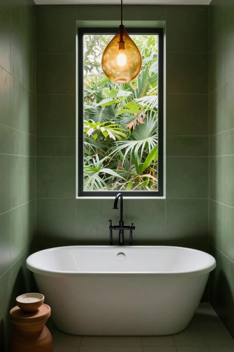 Green-tiled bathroom with white freestanding oval bathtub, black center-set faucet, amber teardrop pendant light hanging above tub, terracotta stool with candle nearby, and tall window showing tropical plants outside.