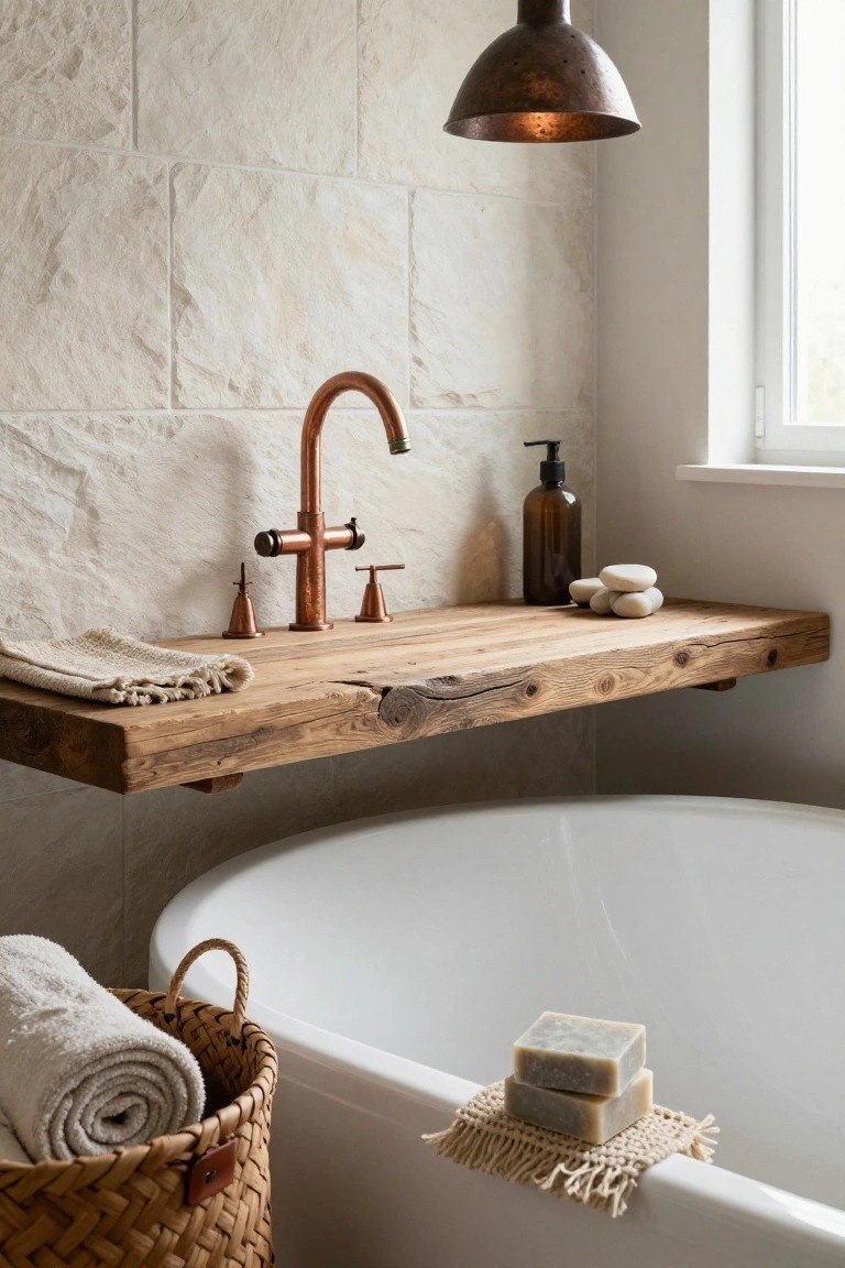 Bathroom interior with white freestanding tub, copper pendant light hanging above, wooden shelf holding copper faucet and soap dispenser against beige tile wall, wicker basket with rolled towel, two soap bars on macrame mat in tub.
