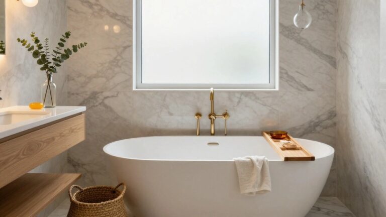 White freestanding bathtub in a marble bathroom with a brass pendant light hanging above, gold faucets on the wall, wooden bath tray, eucalyptus plant in a basket by the window, and woven basket on the floor.