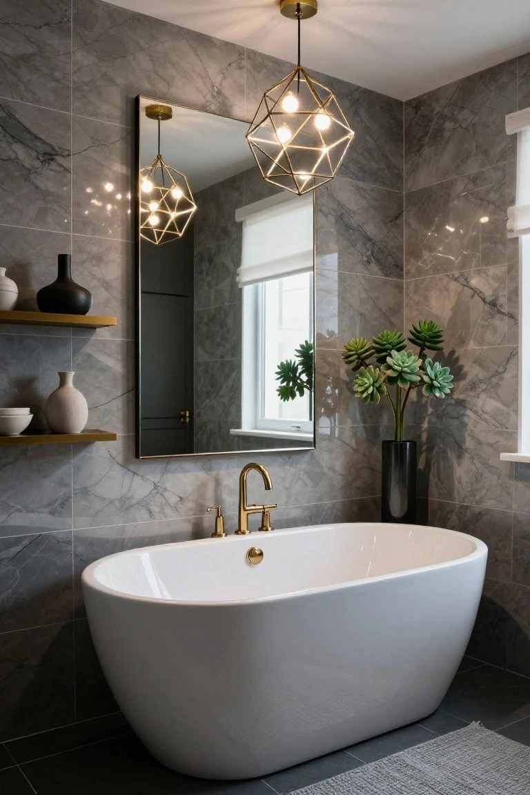 Modern bathroom with gray marble walls and floating shelves holding white and black ceramics, a large gold-framed mirror, geometric gold pendant lights above a white freestanding bathtub, potted green succulents in a black vase, and a gray woven rug on dark tile floor.