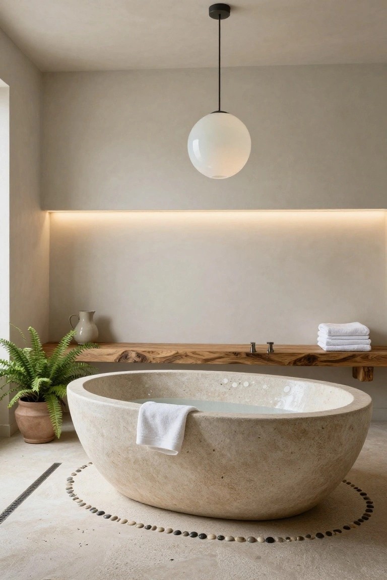 A minimalist beige-toned bathroom with a large oval beige stone freestanding bathtub partially filled with water and a white towel on the edge, lit by a white globe pendant light hanging from the ceiling, wooden shelf with fern plant, vase, towels, and faucets, pebble circle on the floor, and neutral walls.