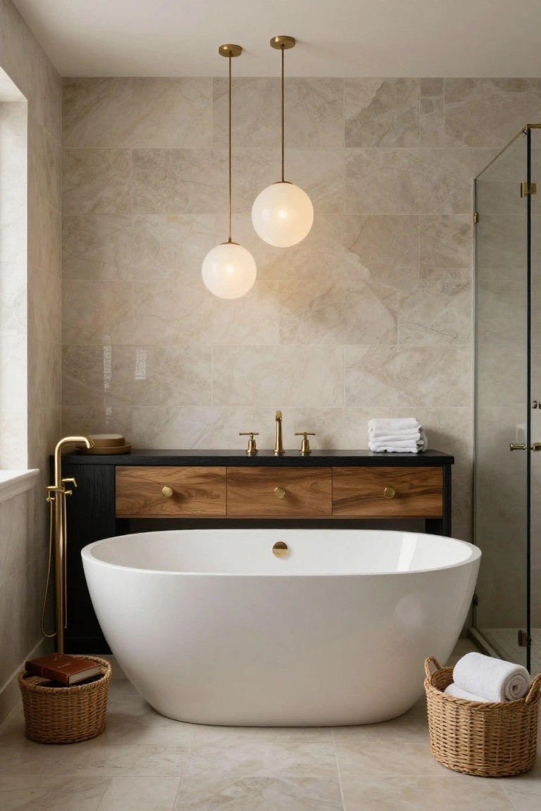 A bathroom with beige marble-look tile walls and floor, a white freestanding bathtub centered under two hanging gold globe pendant lights, a black and wood vanity nearby, and a glass shower enclosure.
