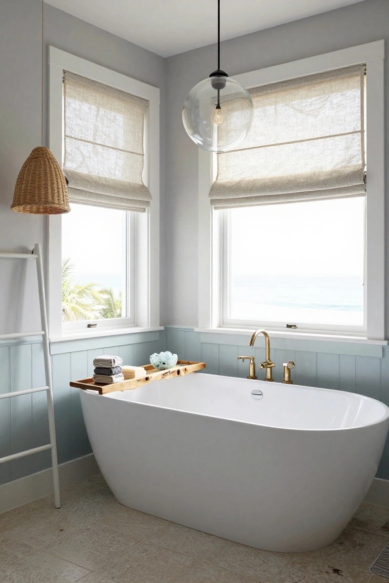 White freestanding bathtub in a pale blue paneled bathroom with a clear glass globe pendant light suspended above, linen roman shades on corner windows showing ocean view, wooden tray with soap on tub edge, and white towel ladder nearby.