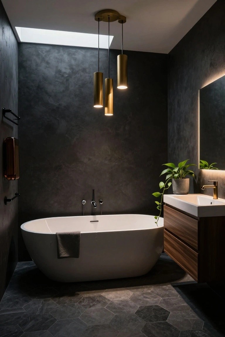 A dark bathroom with textured gray walls, white freestanding oval bathtub, wooden vanity with gold faucet and potted trailing plant, three hanging gold cylinder pendant lights above the tub, black towel rails, and hexagonal dark gray floor tiles.