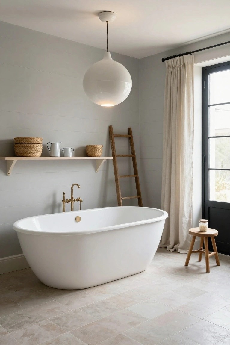 A light gray bathroom with a white freestanding oval bathtub under a large white globe pendant light, brass faucet, wooden shelves holding baskets and enamelware, a wooden ladder leaning against the wall, a small wooden stool with a jar, and a window with beige curtains.