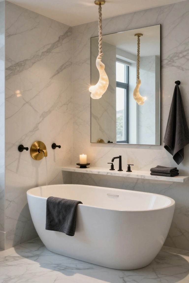 White freestanding bathtub in a marble bathroom with rope-suspended sculptural pendant lights hanging above, a large framed mirror, black faucet on a shelf, gold tub filler, and towels nearby.