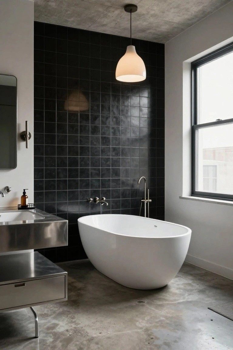 Modern bathroom with black textured square tiles on one wall, white oval freestanding bathtub under a white pendant light, stainless steel vanity with shelf, and large window.
