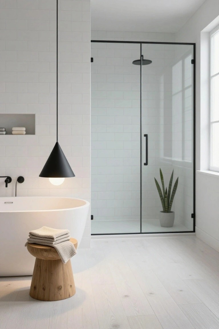 Minimalist white bathroom with freestanding tub, black conical pendant light hanging nearby, wooden stool holding folded towels, black-framed glass shower enclosure, niche shelf, and potted snake plant.