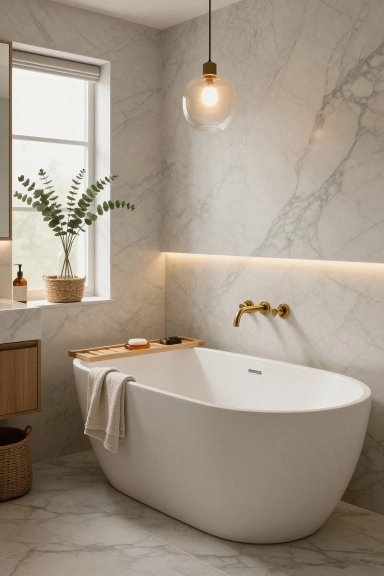 White freestanding bathtub in a marble bathroom with a brass pendant light hanging above, gold faucets on the wall, wooden bath tray, eucalyptus plant in a basket by the window, and woven basket on the floor.