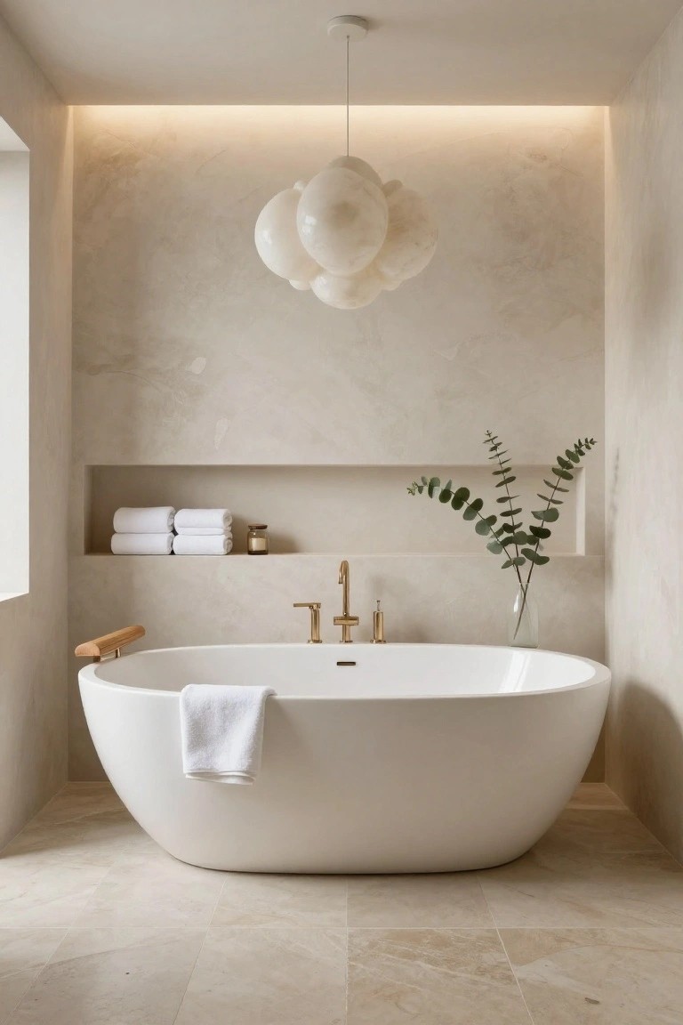 A minimalist bathroom with beige textured walls and floor tiles, a white freestanding oval bathtub with wooden tub handle and gold faucet, recessed wall niche holding folded white towels eucalyptus branches and a candle jar, and a large white multi-globe pendant light hanging overhead.