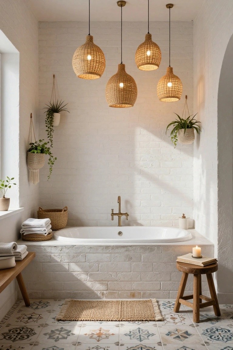 White brick bathroom featuring four rattan pendant lights hanging over a freestanding white bathtub, with plants in hanging pots, woven baskets, folded towels on a wooden bench, a candle on the tub edge, and blue patterned floor tiles.