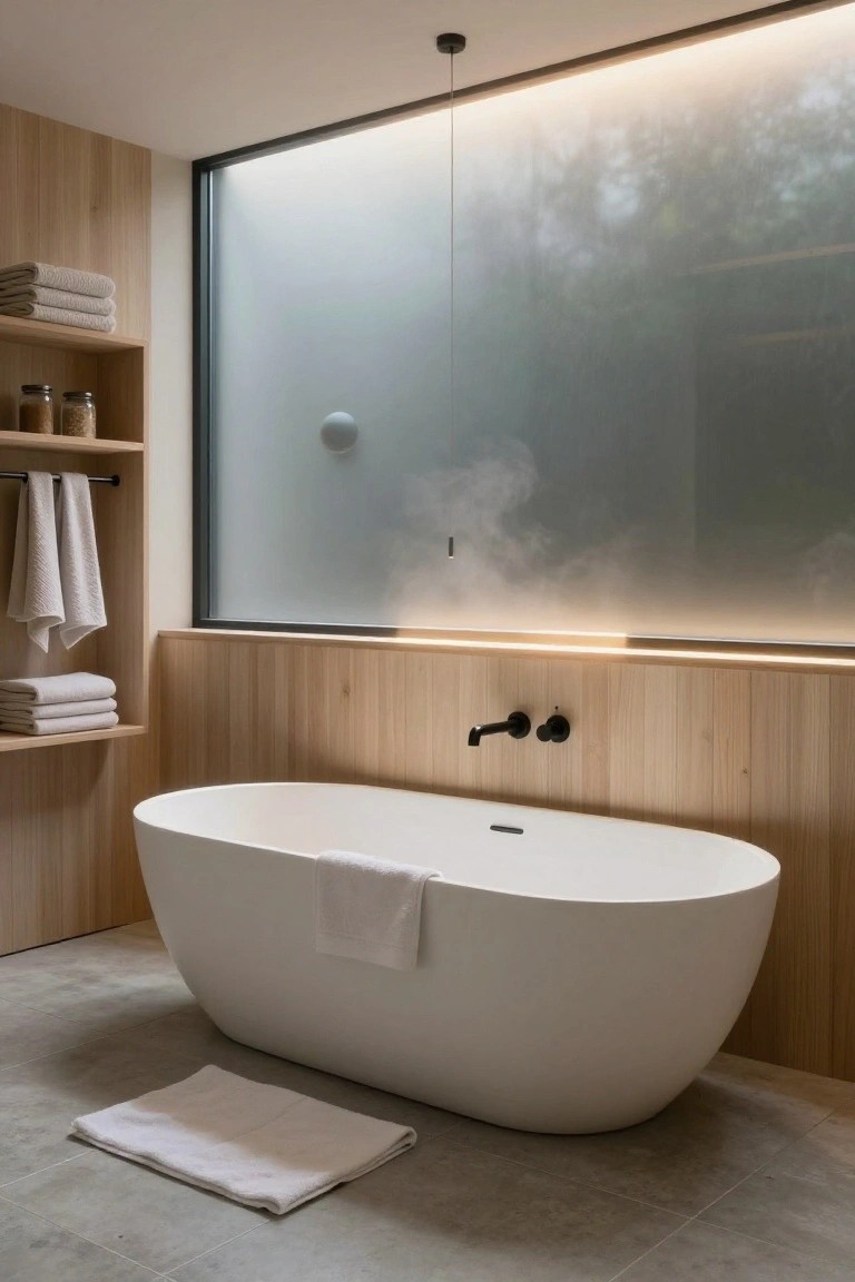Light wood paneled bathroom with white freestanding oval bathtub, black wall-mounted faucet, hanging black pendant light from ceiling, shelves with towels and jars, and large frosted corner window.