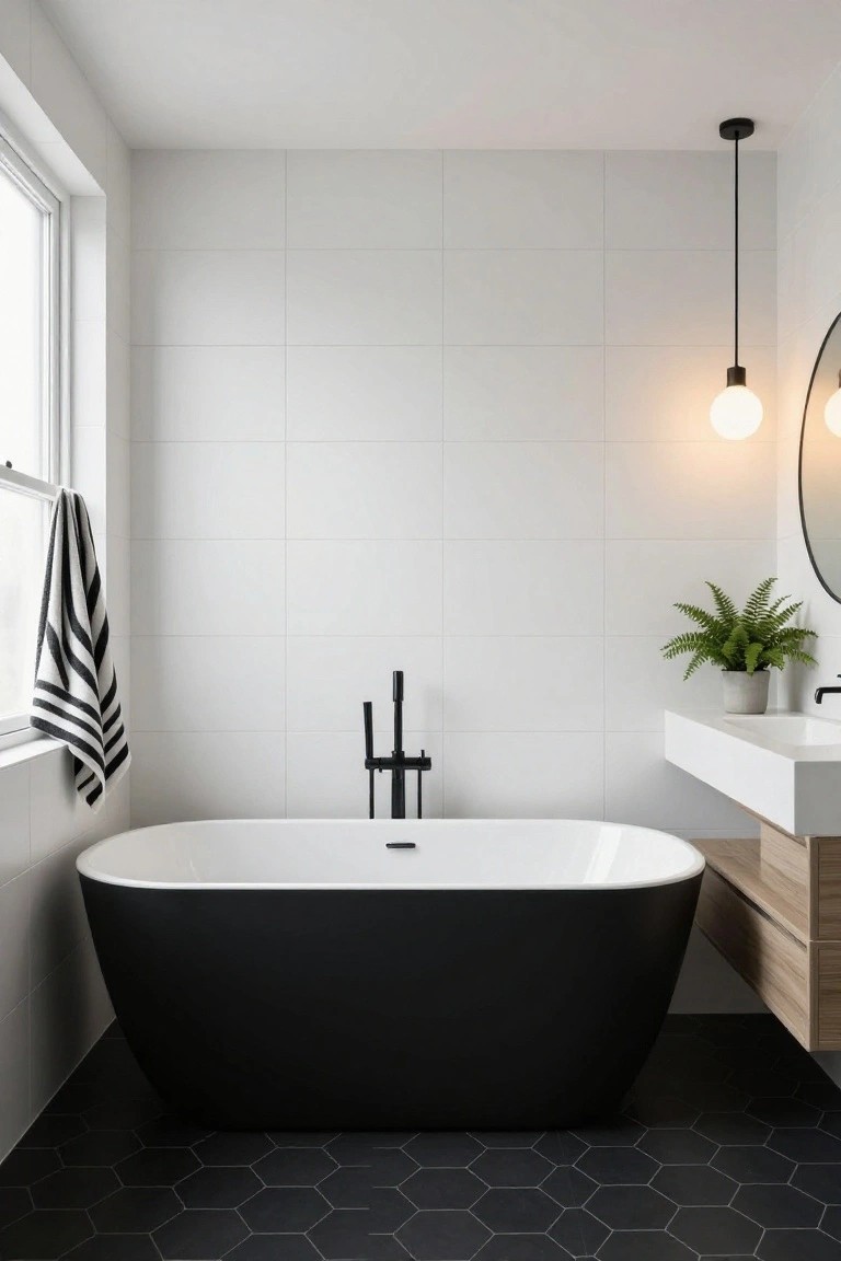 Modern bathroom featuring a black freestanding bathtub under a black pendant light with white globe, white subway tile walls, black hexagonal floor tiles, floating white vanity with plant, and striped towel on window rod.