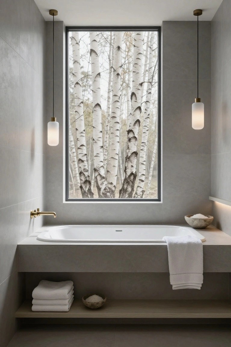 Minimalist bathroom interior with gray tiled walls, white freestanding bathtub under a large floor-to-ceiling window showing birch trees, tall pendant lights with white glass shades hanging on either side, brass wall faucet, and folded white towels on a shelf.