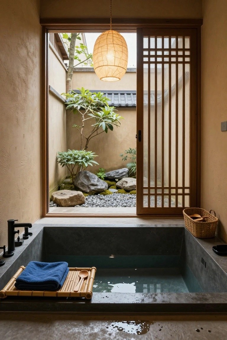 Japanese-style indoor bathroom with dark soaking tub, bamboo tray holding towel and scoop, black faucets, hanging woven paper lantern pendant, and view to rock garden courtyard through wooden sliding doors.