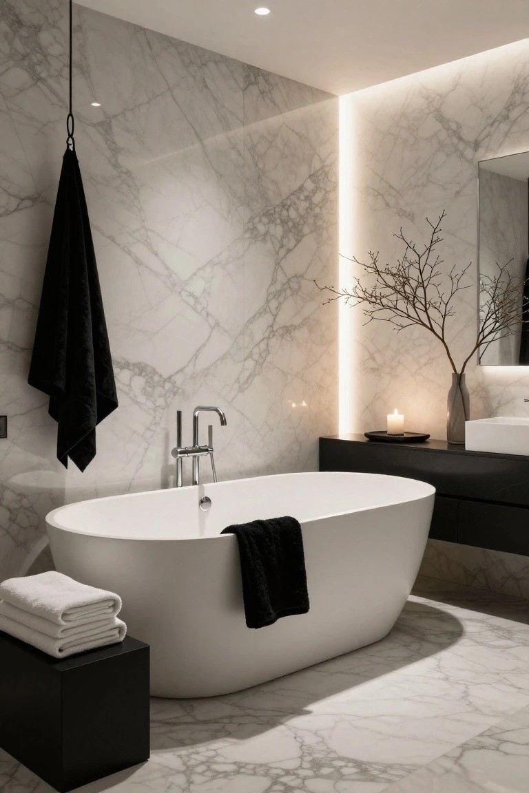 White marble bathroom interior with freestanding oval bathtub, wall-mounted faucet, black towels draped on tub and hanging from ceiling hook, black vanity cabinet, LED light strip on wall, recessed ceiling lights, and a candle on counter.