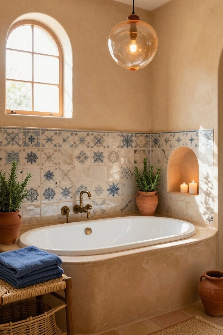 A beige-walled bathroom with arched window, blue star-patterned tile backsplash, freestanding white oval bathtub, potted rosemary plants, candles in niche, blue towels on rattan stool, and amber glass pendant light hanging from ceiling above tub.