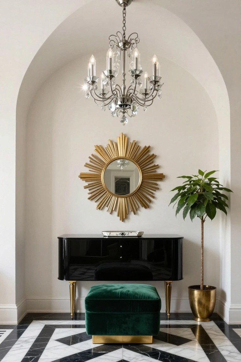 White arched entryway niche with crystal chandelier hanging from vaulted ceiling, gold sunburst mirror on wall, black console table, green velvet ottoman, potted plant in gold pot, and black and white checkered tile floor.