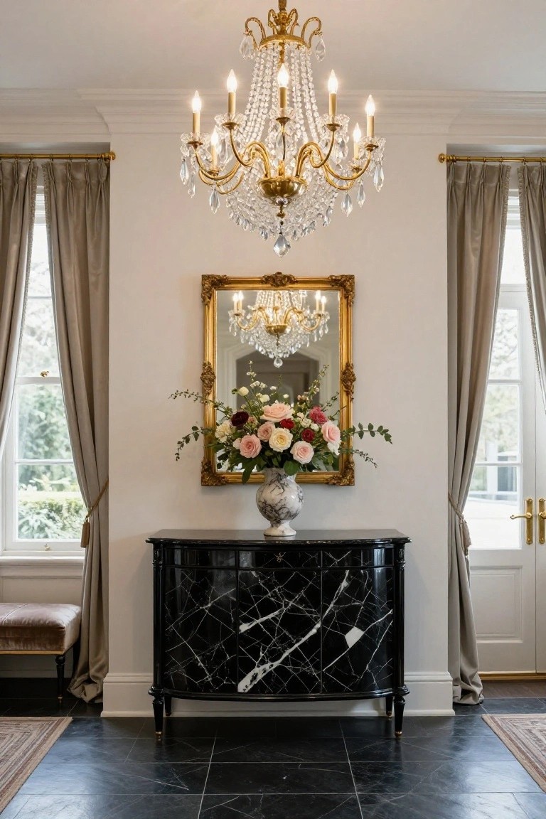 Elegant entryway interior with a sparkling crystal chandelier centered above a black marble console table holding a floral arrangement, a gold-framed mirror reflecting the chandelier, taupe curtains on side windows, and black marble tile floor.