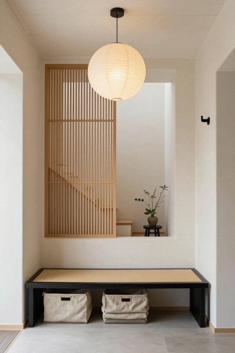 Minimalist indoor entryway featuring a large hanging white paper lantern, wooden slatted screen enclosing stairs, a black bench with beige fabric baskets, a potted plant on a stool, and light wood floors.