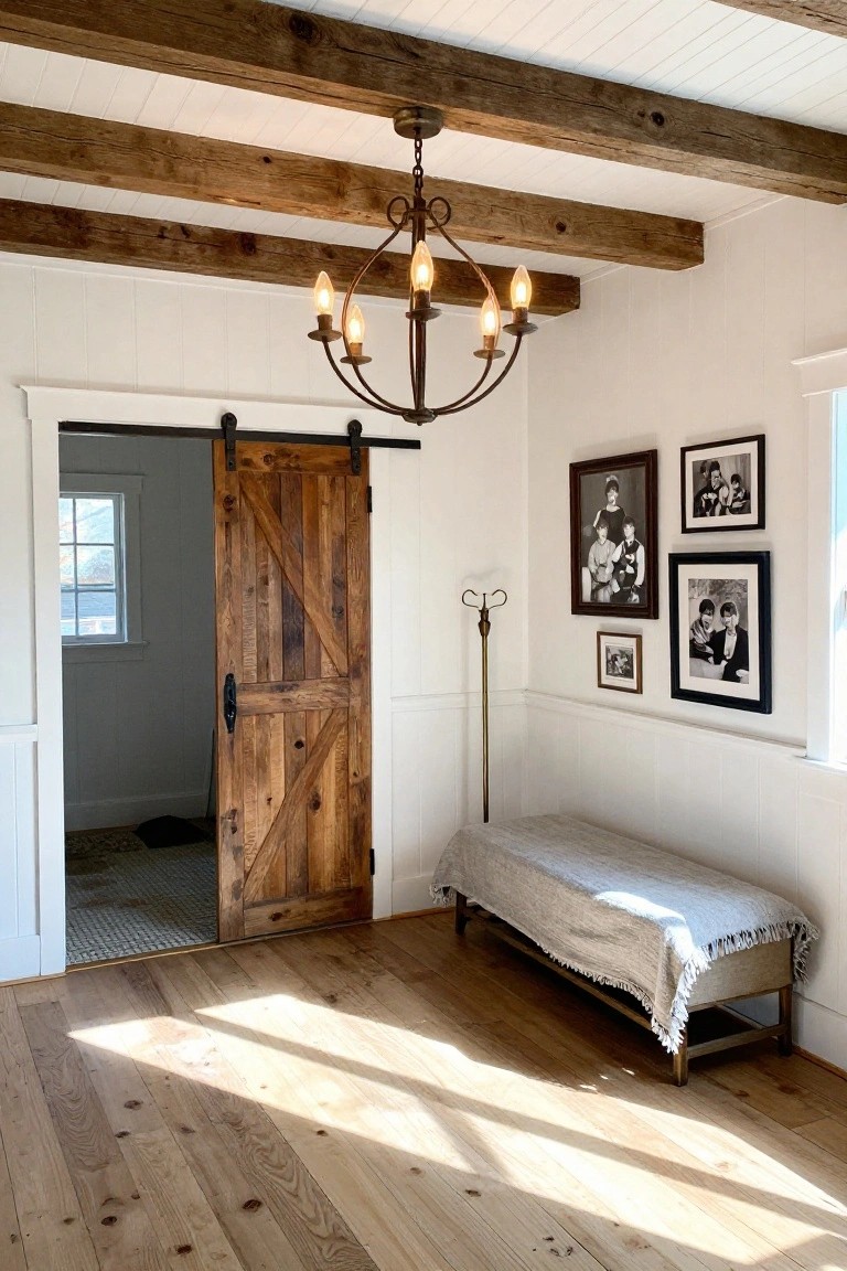 A rustic five-light chandelier hangs from exposed wood beams in a white vaulted ceiling entryway with hardwood floors, a sliding barn door to a bathroom, a fabric-draped bench, and framed photos on the wall.