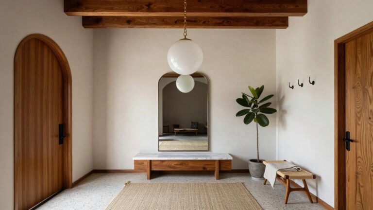 25 Stylish Vaulted Ceiling Entryway Lighting Ideas That Set the Tone Entryway featuring exposed wooden beam ceiling with hanging white globe pendant light, arched wooden door, oval black-framed mirror on floating wooden shelf with potted plant, rattan bench with beige throw, and seagrass rug on terrazzo floor.