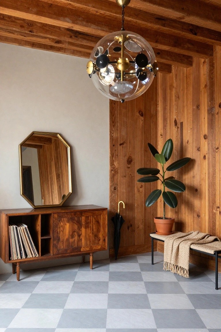 Globe Chandelier in a Vaulted Wood Entryway