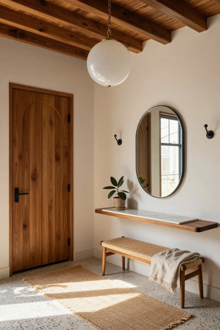 Entryway featuring exposed wooden beam ceiling with hanging white globe pendant light, arched wooden door, oval black-framed mirror on floating wooden shelf with potted plant, rattan bench with beige throw, and seagrass rug on terrazzo floor.