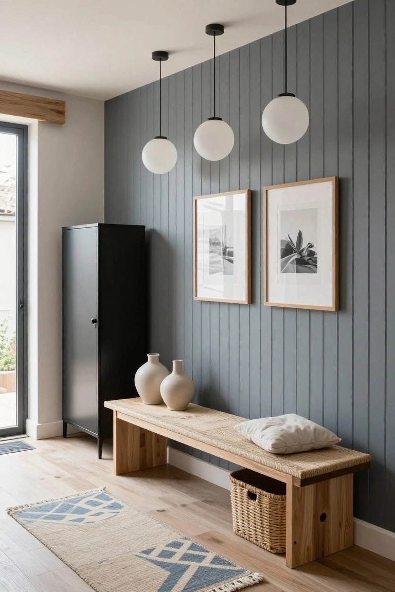 Entryway featuring gray vertical wood slat wall, four white globe pendant lights on black cords, wooden bench with beige cushion and rattan basket, two ceramic vases, black metal cabinet, two framed black-and-white photos, blue and white rug on light wood floor, and glass door to outside.