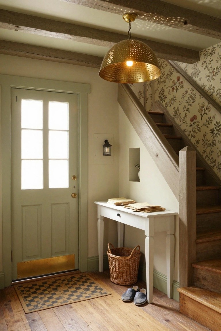 Entryway with pale green front door, white console table holding books and papers, wicker basket, pair of slippers on wood floor, wooden staircase with floral wallpaper, and brass hammered dome pendant light hanging from exposed beams.
