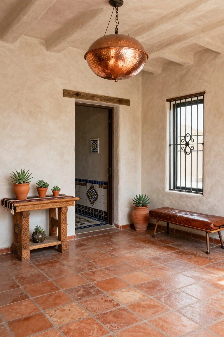 Adobe-style entryway with terracotta tile floors, exposed wooden ceiling beams, a large hammered copper pendant light, wooden console table with potted succulents, leather bench, potted plants, barred window, and open door to bathroom with blue tiles.