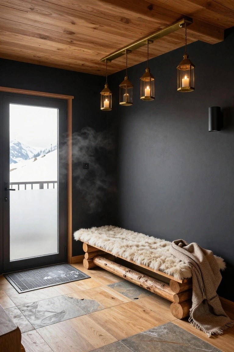 Entryway interior with vaulted wooden ceiling, four hanging brass lanterns with candles, dark walls, fur-covered log bench with throw blanket, doormat, and glass door to snowy mountain view with steam escaping.