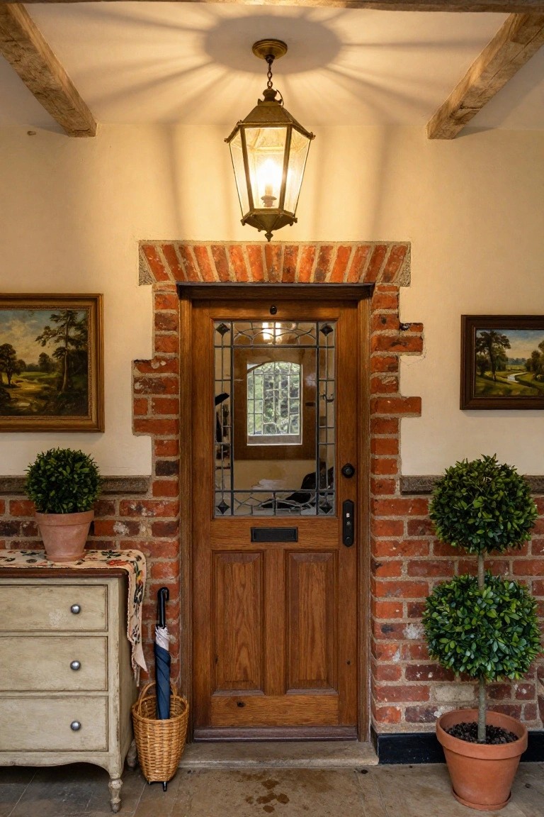 Brick archway front door with oak panels and leaded glass, lit by brass lantern hanging from exposed wood beams above, with potted topiary plants, console table, and umbrella basket on the porch floor