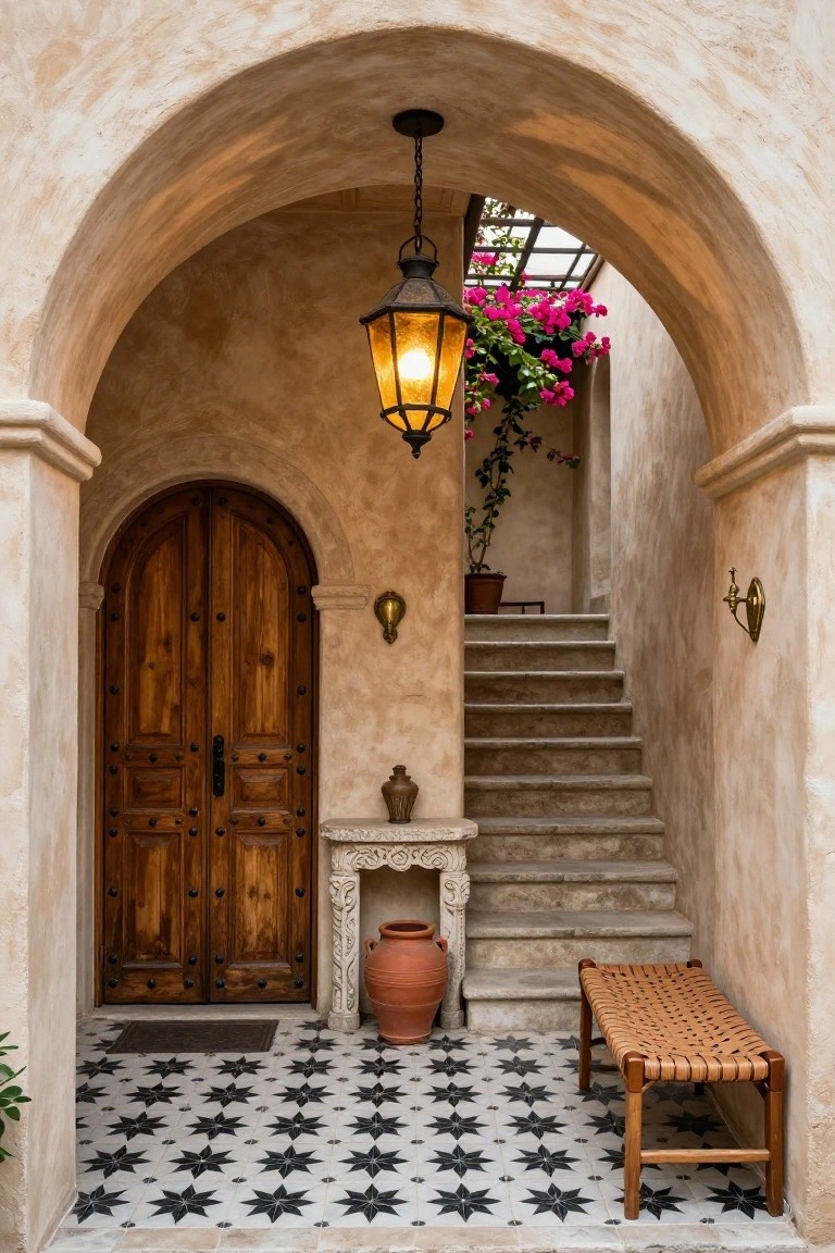 Beige stucco arched entryway featuring a double wooden door, hanging lantern light with bougainvillea vines overhead, potted plants, a bench, carved stone console, stairs, and black-and-white star-patterned tile floor.