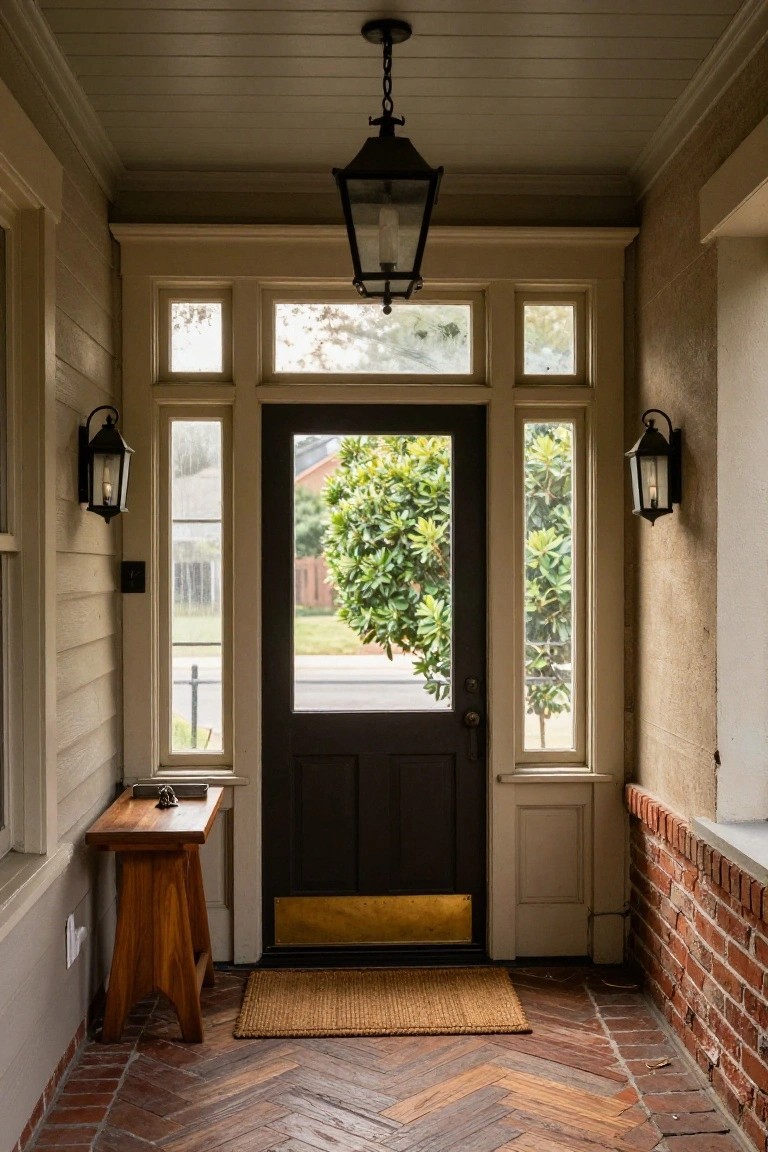 Covered porch entryway with beige wood walls, open dark wood door showing green tree outside, central hanging black metal lantern light, matching wall sconces, wooden stool with tray table, and herringbone brick floor.