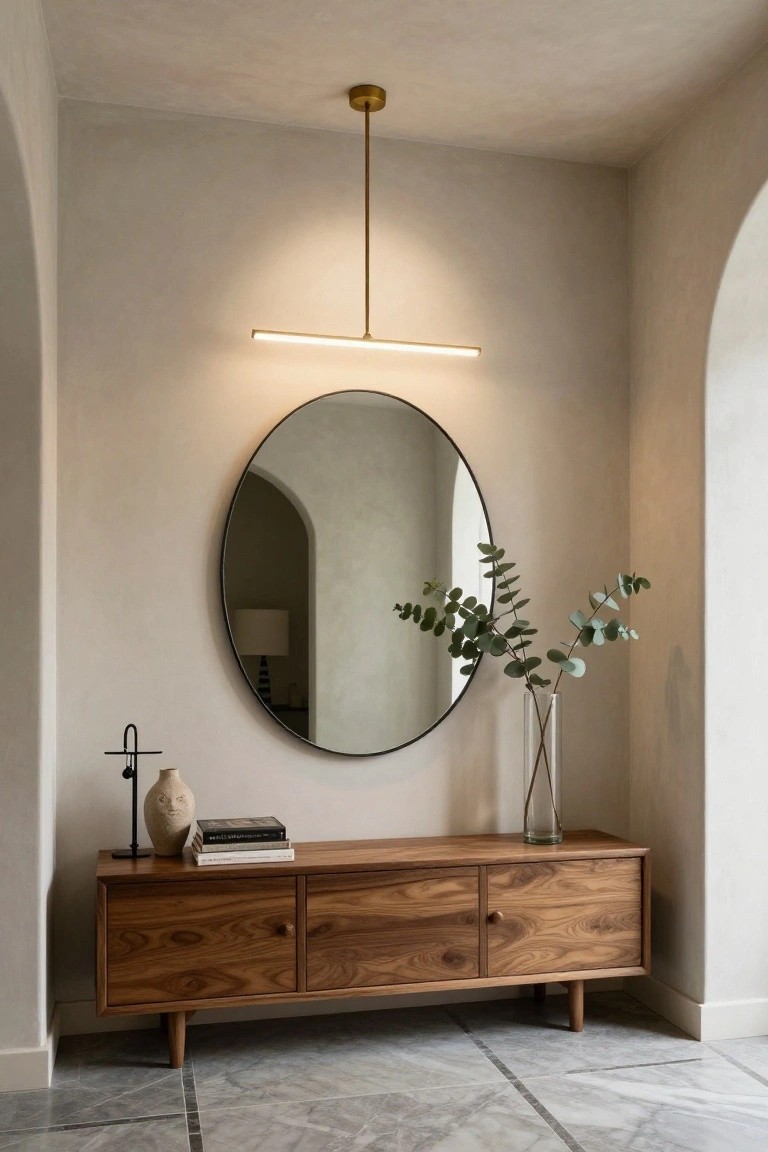 Arched indoor entryway niche featuring a wooden console table with books, a ceramic vase, lamp, and eucalyptus in a glass vase, under a large round black-framed mirror lit by a thin horizontal linear LED light, with a gold pendant hanging from the ceiling above, on a gray marble floor.