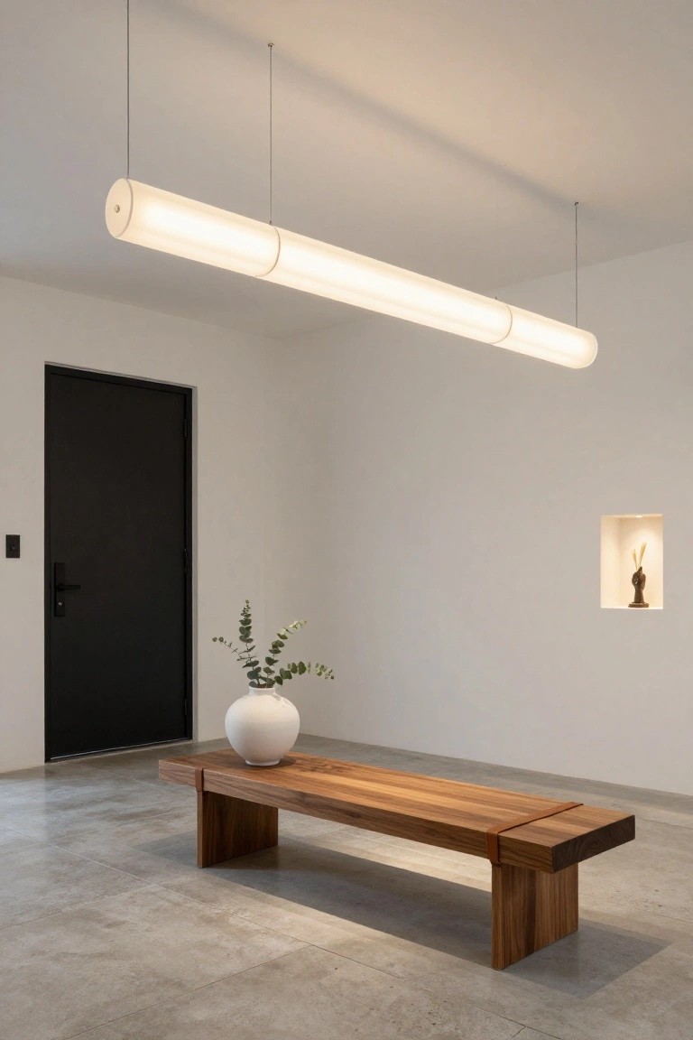 Modern minimalist entryway featuring a long white cylindrical pendant light suspended above a wooden bench with leather straps holding a white vase of eucalyptus branches, beside a black door on a polished concrete floor.