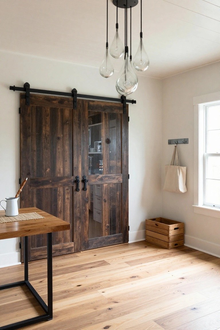 Home office corner featuring a wooden desk with black metal legs, two dark wood sliding barn doors with glass panels showing interior shelves, five clear glass teardrop pendant lights suspended from the ceiling, a wooden crate on the floor, and a canvas tote bag on a wall hook beside a window.