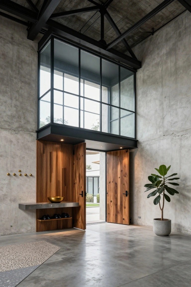 Industrial entryway with tall vaulted ceiling featuring exposed black steel beams, glass-enclosed upper level, open wooden double doors leading outside, polished concrete floor, shoe storage shelf, gold bowl, and potted plant nearby.