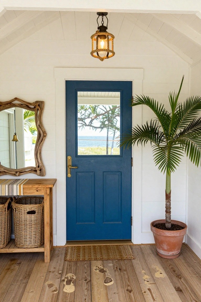 Entryway interior with vaulted white ceiling, rope lantern hanging from center, blue glass door showing ocean view, driftwood mirror on wall, wooden console table with baskets, potted palm plant, doormat, and wooden floor with footprint marks.