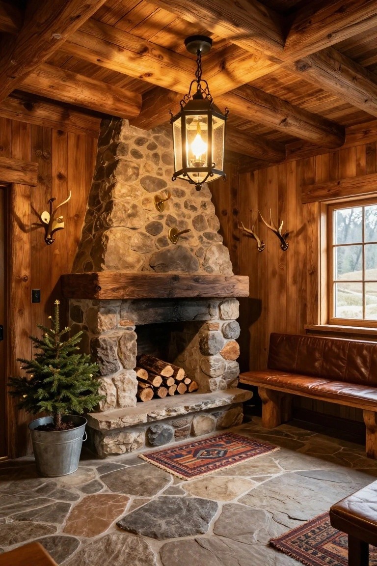 Cozy log cabin interior with vaulted wooden beam ceiling, hanging lantern light above stone fireplace stacked with firewood, antler mounts on walls, small lit Christmas tree in galvanized bucket, leather bench, and colorful rugs on flagstone floor.