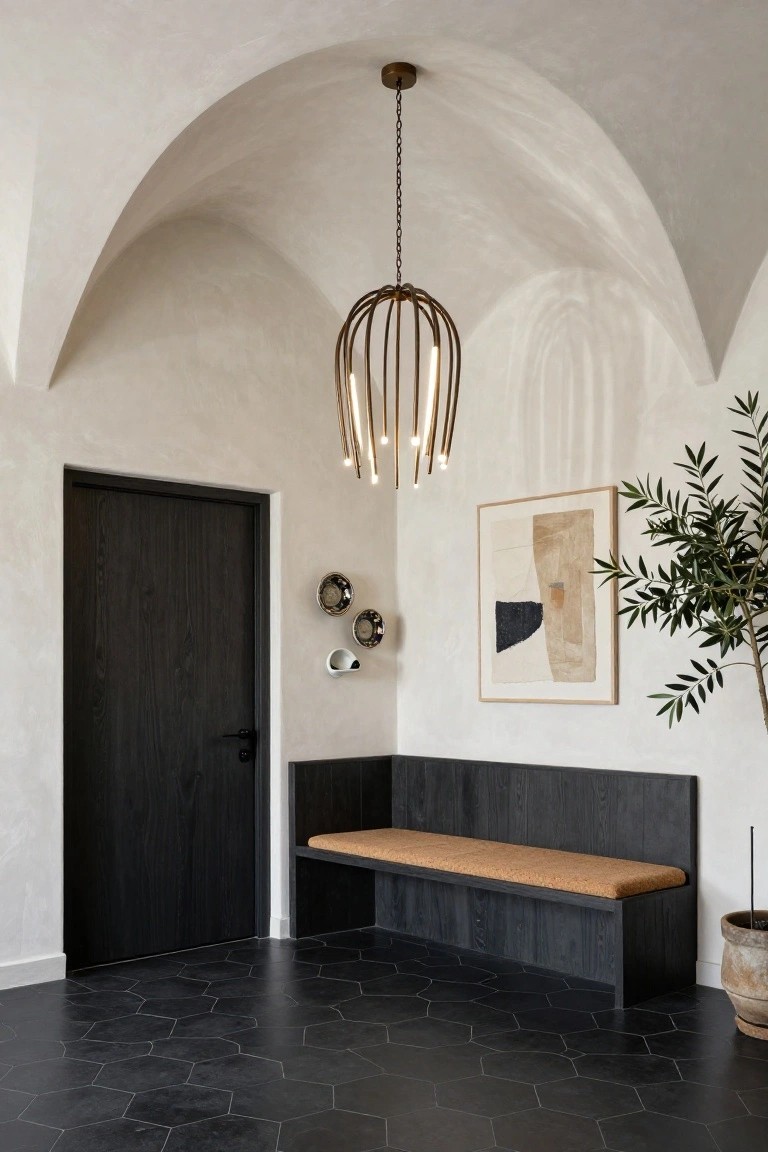 Entryway featuring a white vaulted ceiling with a hanging brass chandelier of curved arms and bulbs, black wood door, built-in bench with cork seat, abstract beige and black framed artwork, potted olive tree, wall sconces, and black hexagonal floor tiles.