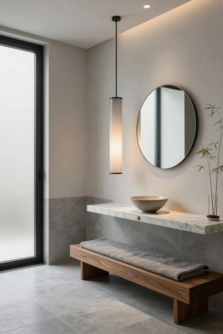 Modern minimalist bathroom with floating white marble shelf holding gray stone basin, round black-framed mirror next to bamboo plant, tall white fabric pendant light, wooden bench with gray towel, gray tile floor and walls, and frosted glass window and door.