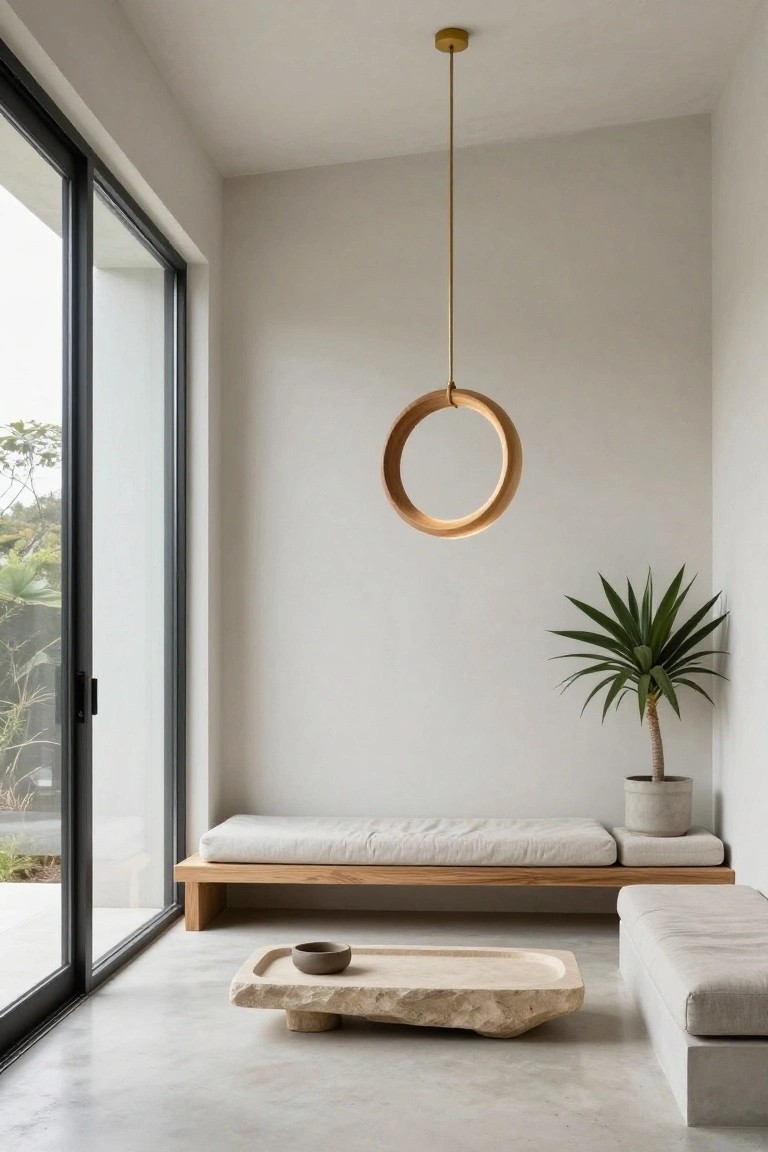 Minimalist indoor room with a large wooden ring pendant light hanging from a sloped white ceiling above a low beige stone tray table on polished concrete floor, wooden bench with white cushions, potted palm plant, and black-framed sliding glass doors overlooking greenery.