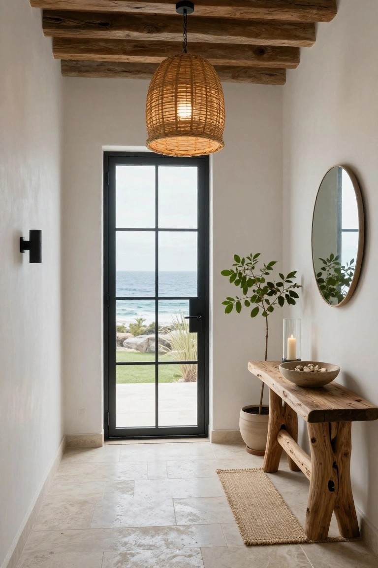Narrow white-plastered entry hallway with exposed wooden beam ceiling, hanging woven basket pendant light, black-framed glass door showing ocean view, wooden console table topped with bowl and plant, round wood-framed mirror on wall, beige rug on stone tile floor.