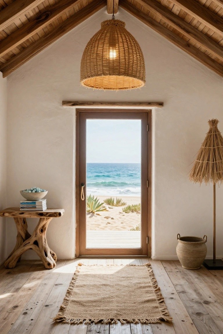 Interior view of a white-walled room with vaulted wooden ceiling, large hanging woven basket pendant light, open wooden door revealing sandy beach and ocean, driftwood side table holding a bowl of blue stones and stacked books, seagrass rug on wooden floor, rattan floor lamp and basket nearby.