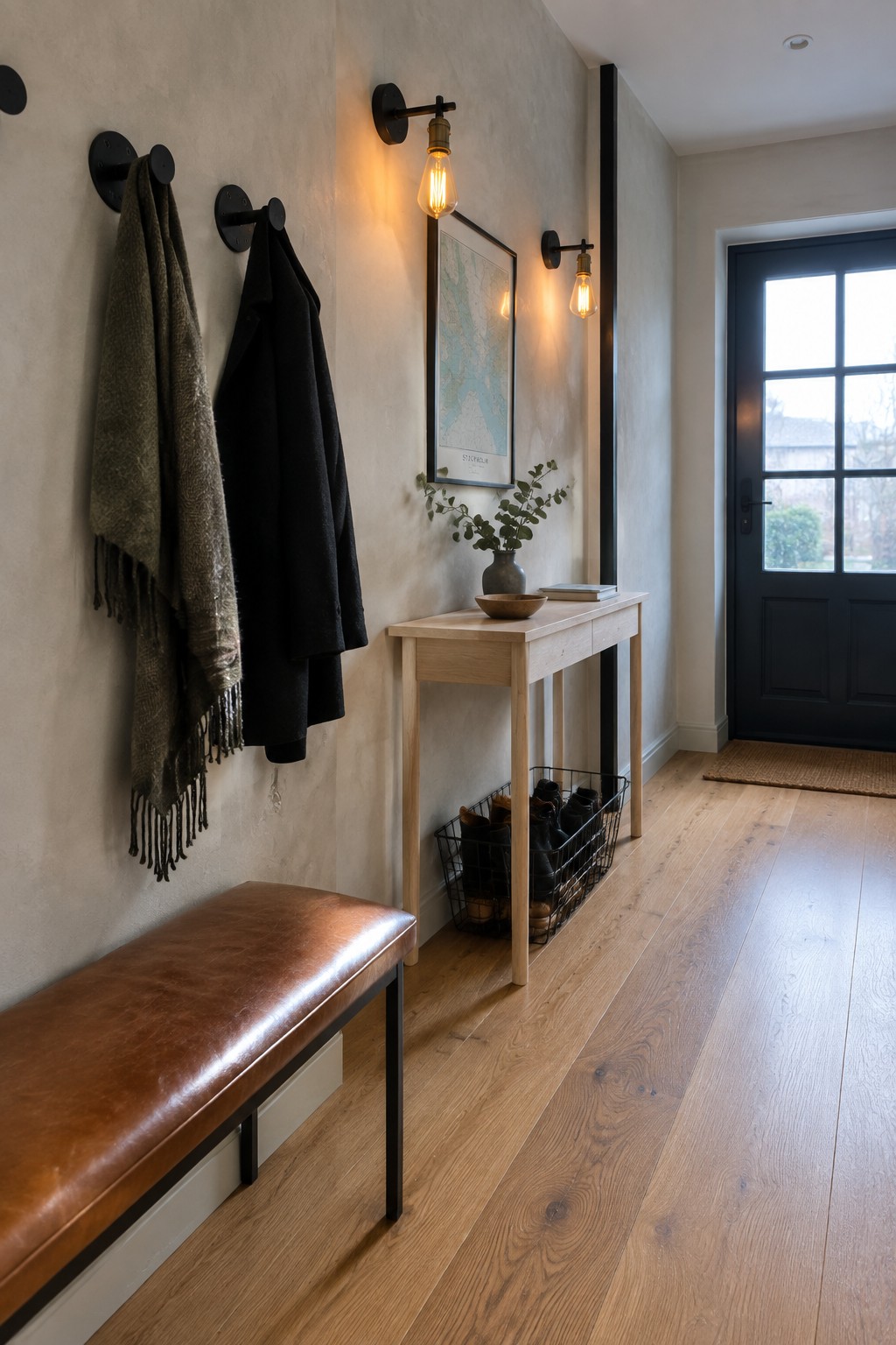 An interior entryway showing two black wall sconces with exposed bulbs mounted above a light wood console table, with a brown leather bench in the foreground.