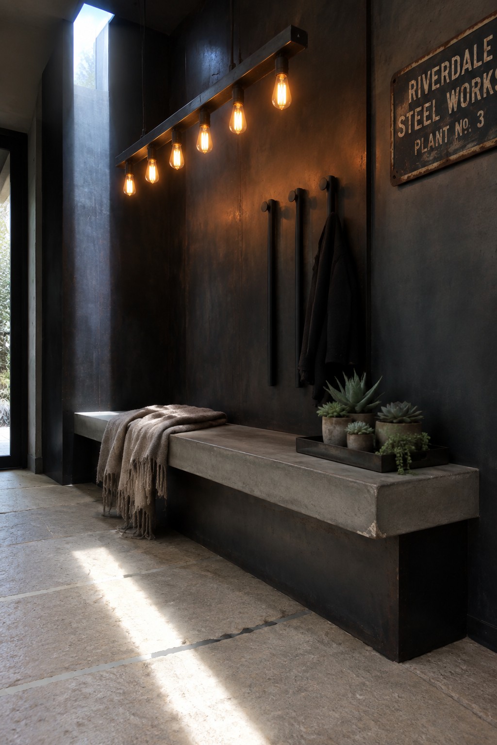 Interior view of a dark industrial entryway with a long concrete bench, linear hanging light fixture holding multiple exposed bulbs, coat hooks on the wall, and potted plants at one end.