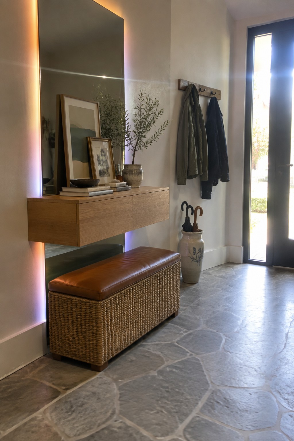 A wooden floating console with backlit LED lighting along the wall in a stone-floored entryway, shown with a brown leather bench and a large mirror.